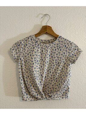 Wonder Nation Girls Short Sleeve White Blue Floral Shirt Size S (6-6X)
